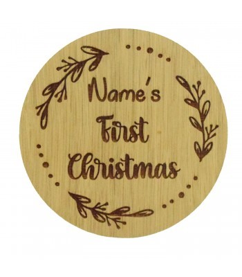 Laser Cut Oak Veneer Personalised 'First Christmas' Baby Plaque with Leafs & Dots